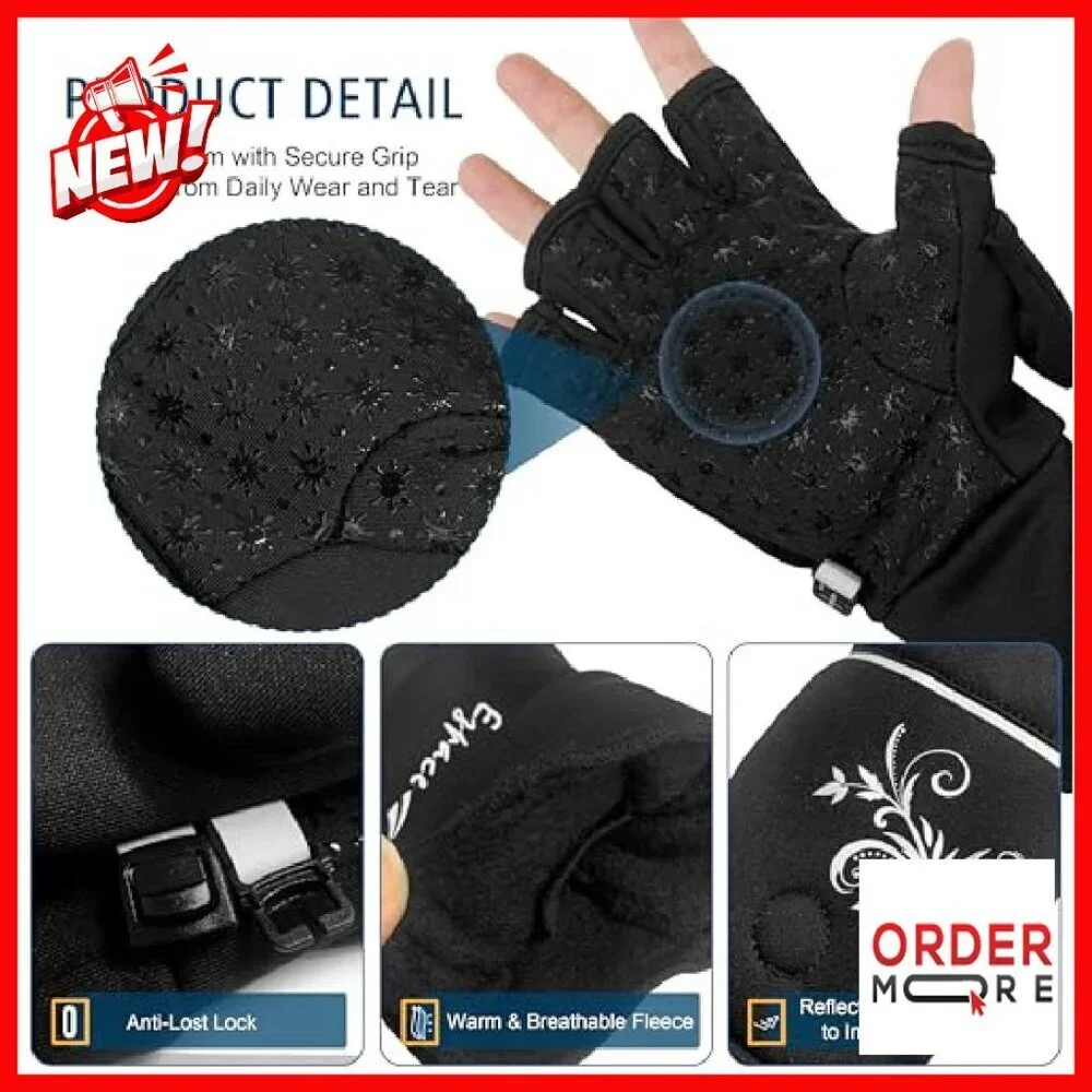 Convertible Running Mittens Fingerless Gloves Thermal Reflective Small-Medium